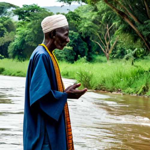 A wise elder from an African community, male or female, dressed in modest, traditional attire, stands contemplatively on the bank of a flowing river within a lush African landscape. Their expression is serene, with eyes slightly closed, as if listening intently to the sounds of nature, symbolizing a deep spiritual connection to the environment. Ancient trees and vibrant foliage surround them under a clear, bright sky. The atmosphere is peaceful and deeply respectful. fully clothed, appropriate attire, modest clothing, safe for work, appropriate content, family-friendly, perfect anatomy, correct proportions, natural pose, well-formed hands, proper finger count, natural body proportions, professional photography, high quality, realistic.