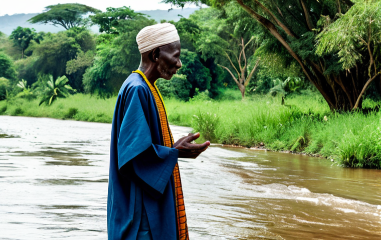 A wise elder from an African community, male or female, dressed in modest, traditional attire, stands contemplatively on the bank of a flowing river within a lush African landscape. Their expression is serene, with eyes slightly closed, as if listening intently to the sounds of nature, symbolizing a deep spiritual connection to the environment. Ancient trees and vibrant foliage surround them under a clear, bright sky. The atmosphere is peaceful and deeply respectful. fully clothed, appropriate attire, modest clothing, safe for work, appropriate content, family-friendly, perfect anatomy, correct proportions, natural pose, well-formed hands, proper finger count, natural body proportions, professional photography, high quality, realistic.