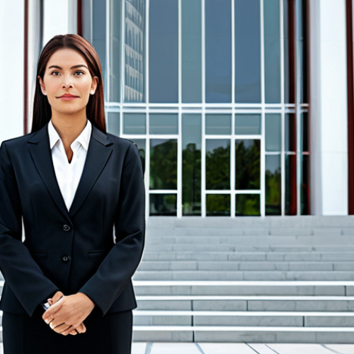 **

"A professional businesswoman in a modest business suit, standing in front of a modern temple, fully clothed, appropriate attire, safe for work, perfect anatomy, natural proportions, professional photography, high quality. Background includes elements representing ethical business practices and community support, professional, modest, family-friendly."

**