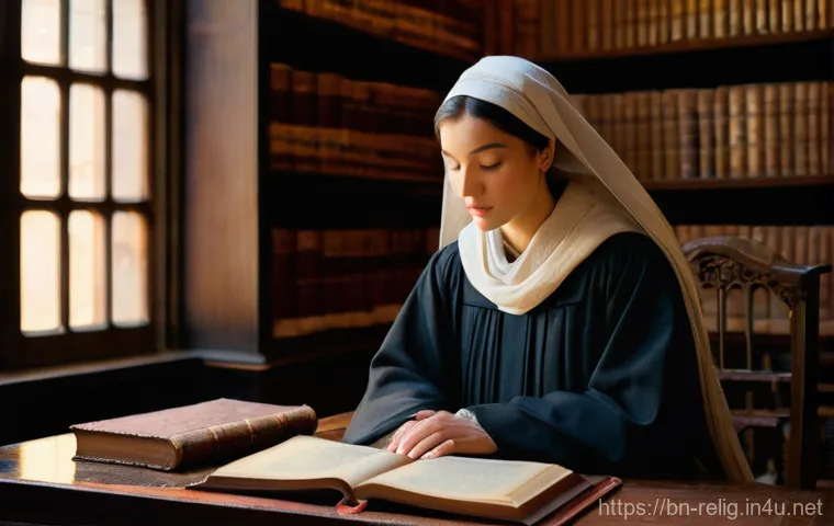 종교적 텍스트의 번역과 해석 - **Prompt 1: The Scholar's Contemplation**
    *   **Subject:** A young, earnest female scholar deepl...