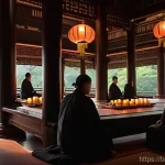중국 민간 신앙과 도교 - **Prompt:** A serene and ancient Chinese temple, nestled harmoniously amidst lush, mist-shrouded mou...