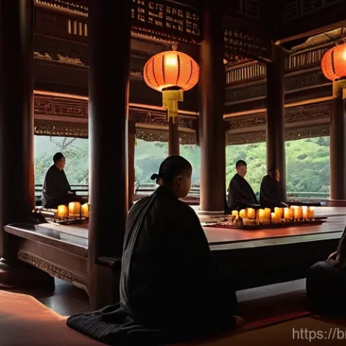 중국 민간 신앙과 도교 - **Prompt:** A serene and ancient Chinese temple, nestled harmoniously amidst lush, mist-shrouded mou...