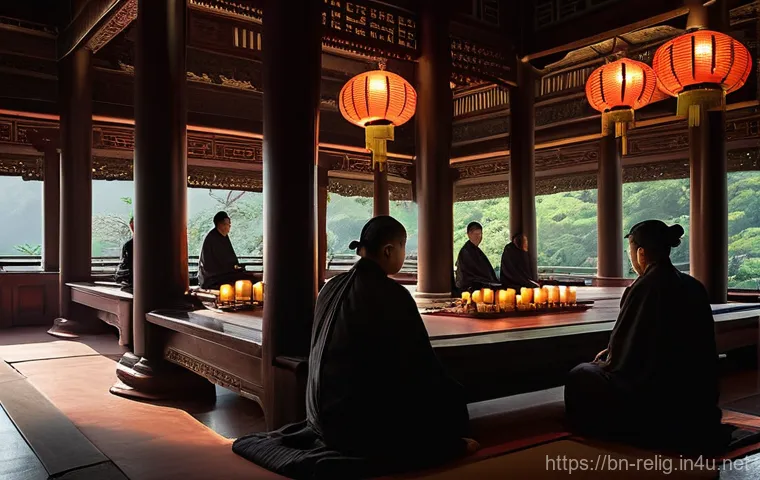 중국 민간 신앙과 도교 - **Prompt:** A serene and ancient Chinese temple, nestled harmoniously amidst lush, mist-shrouded mou...