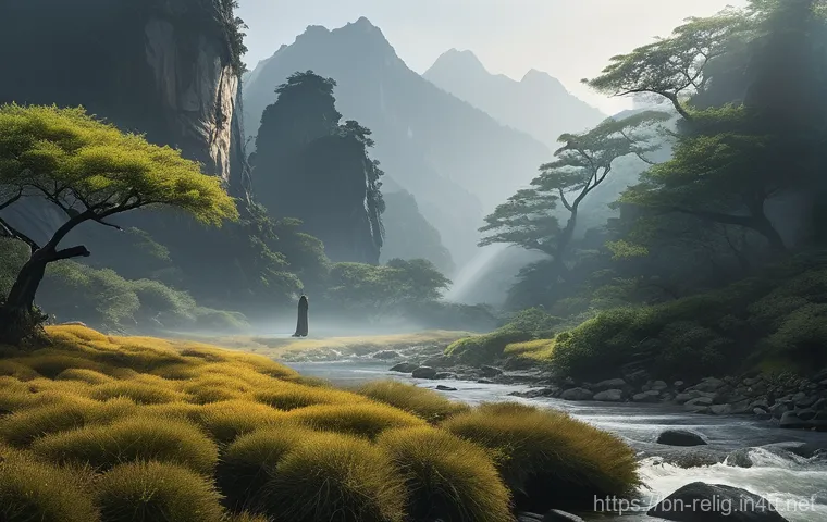 중국 민간 신앙과 도교 - **Prompt:** A serene and ancient Chinese temple, nestled harmoniously amidst lush, mist-shrouded mou...