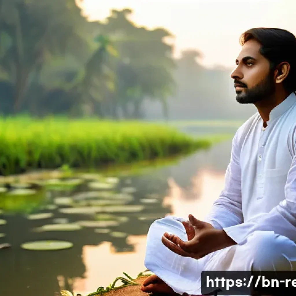 종교적 세계관과 철학적 논의 - A serene and contemplative Bengali man meditating peacefully by the riverside during early morning l...