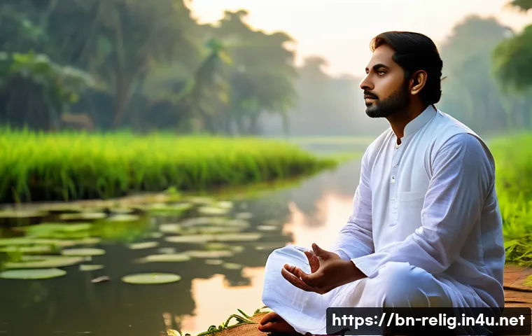 종교적 세계관과 철학적 논의 - A serene and contemplative Bengali man meditating peacefully by the riverside during early morning l...