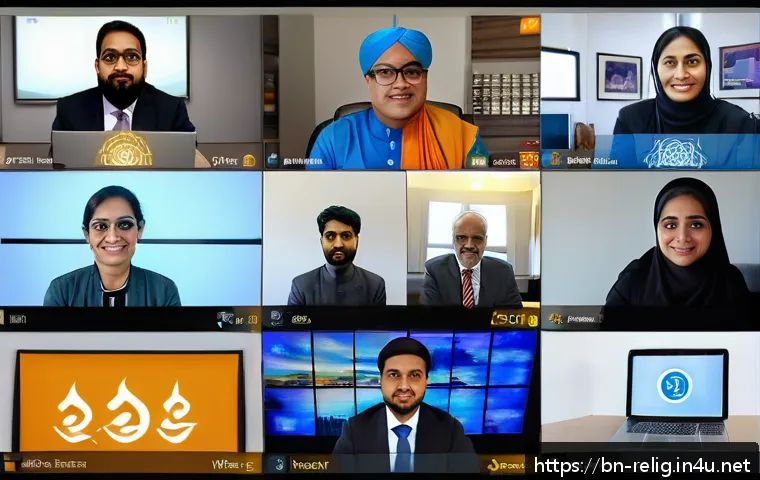 종교적 갈등 해결 방안 - A vibrant digital interfaith dialogue scene set in a modern virtual meeting room with diverse partic...