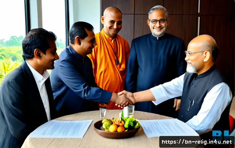 종교적 화해와 국제 협력 - Photorealistic scene of a Muslim imam, Hindu priest, Buddhist monk, and Christian clergy member warm...