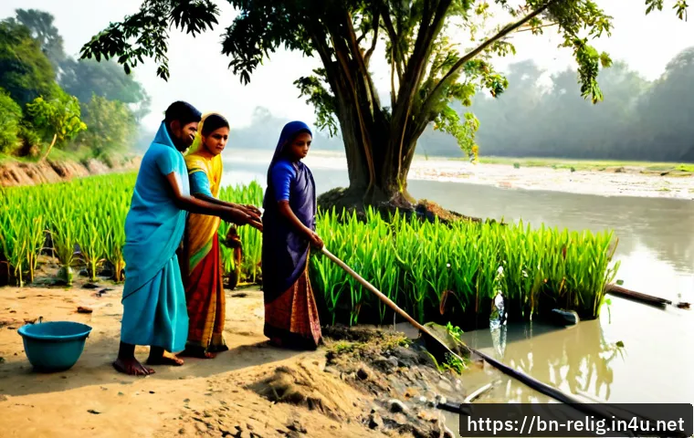 종교와 환경 보호 운동 - Photorealistic community tree-planting event in rural Bangladesh, a diverse group of modestly dresse...